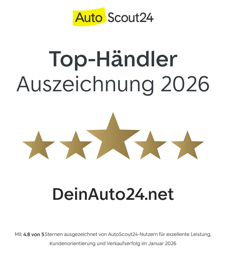 AutoScout24 Top-Händler-Auszeichnung 2026: Zertifikat für DeinAuto24.net – mit 4,8 von 5 Sternen ausgezeichnet für exzellente Leistung, Kundenorientierung und Verkaufserfolg